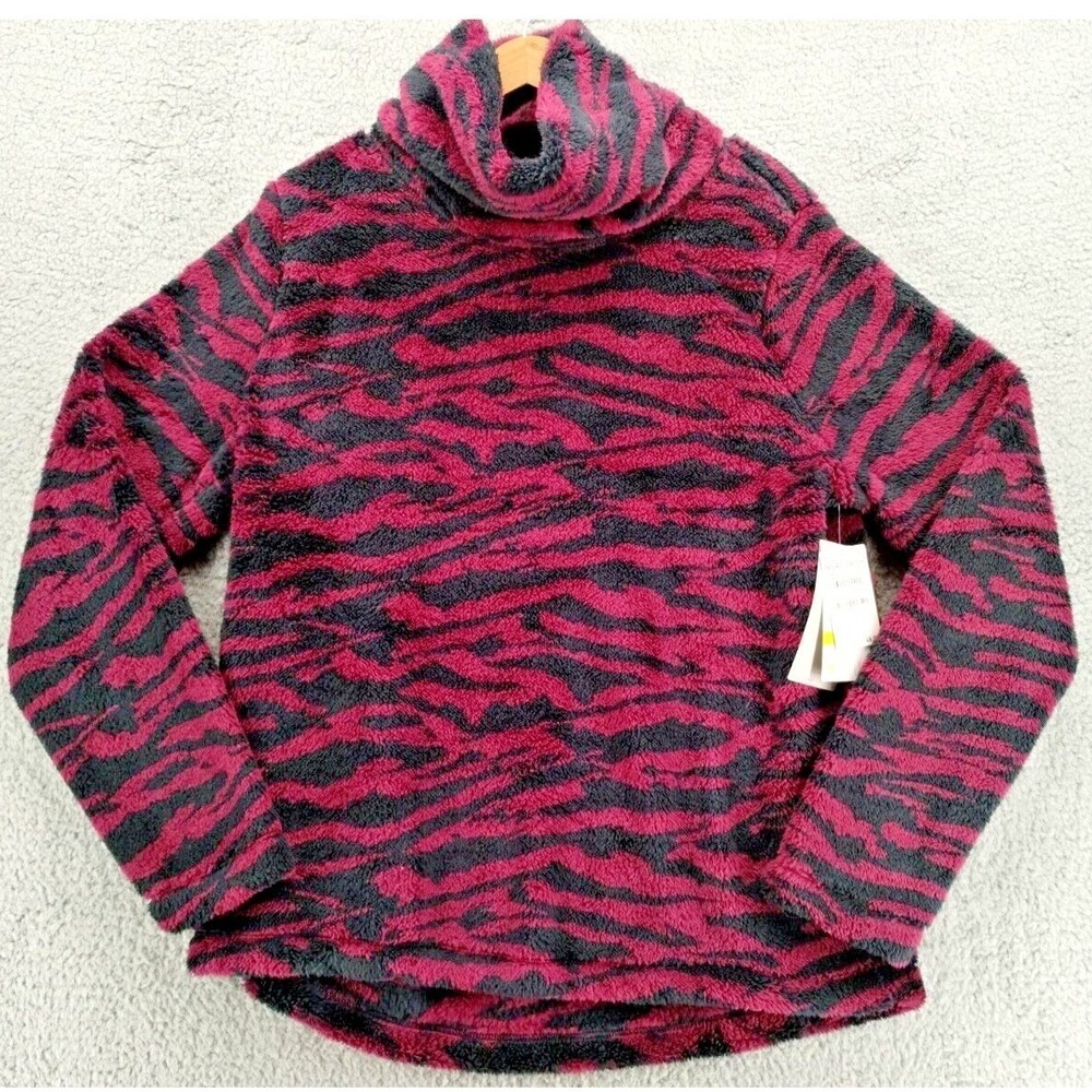 Zella Furry Fleece Pullover Womens Medium Purple Black Animal Print Cowl Neck